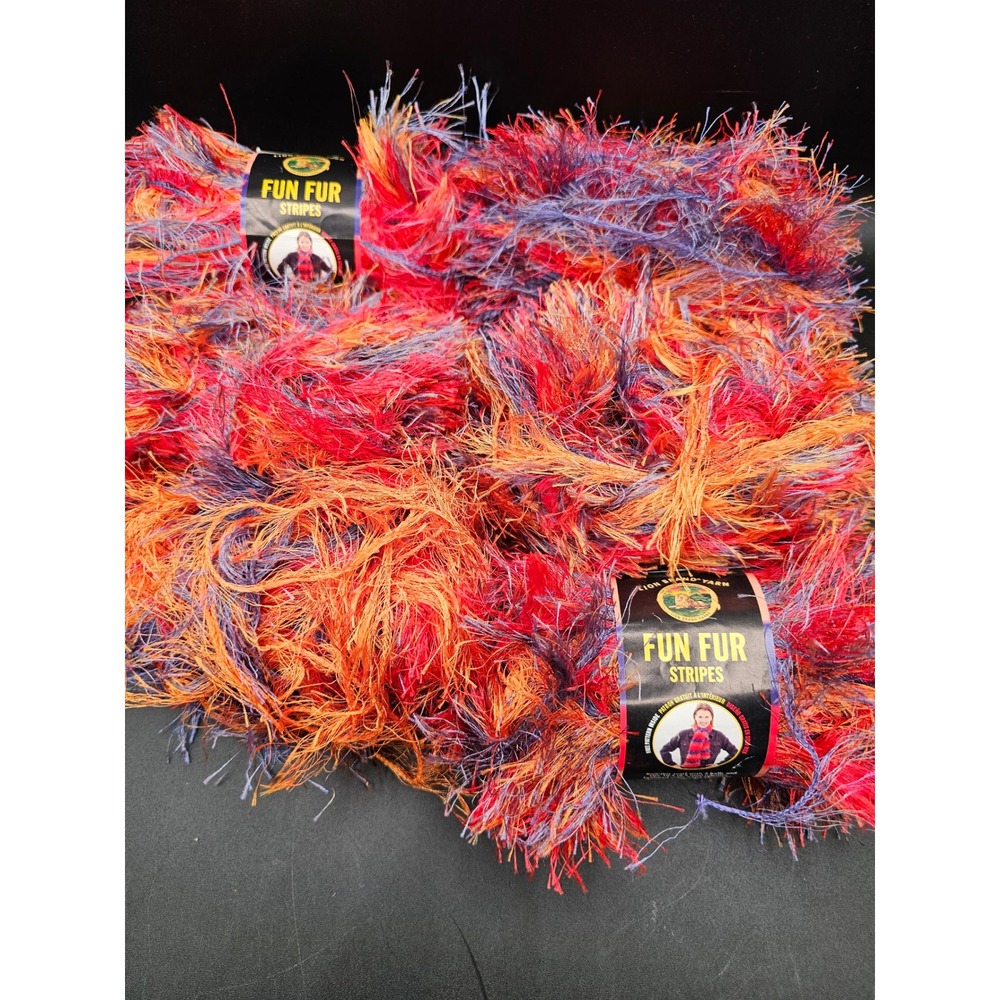 Lion Brand Fun Fur Stripes Yarn Mexicana 302 Red Orange Purple Eyelash 5 Skeins
